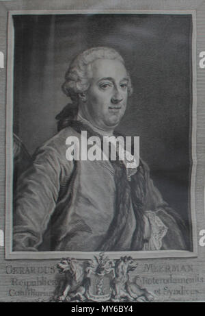 . Anglais : Image par Jean Baptiste Perroneau (1715-1783), de la page de titre d'Origines Typographicae, édition originale 1765, par Gerard Meerman (1722-1771). Nederlands : Titelpagina van de eerste editie (1765) van 'Origines' Typographicae Gerard Meerman (porte), 1722-1771, bibliofiel rechtsgeleerde en pensionaris van Rotterdam (1748-1766). Gravure naar een schilderij van Jean-Baptiste Perroneau. 4 février 2012. Jean-Baptiste Perronneau (illisible, voir en bas de l'image, 'fecit par P....') 208 GerardMeerman1 Banque D'Images