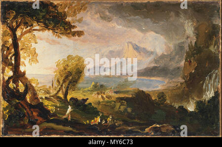 . Anglais : Thomas Cole, American, 1801-1848 pour le cours de l'étude de l'Empire de l'état sauvage, ca. 1834 Huile sur papier monté sur toile 16 x 26 cm. (6 1/4 x 10 5/16 in.) SECTION : 29,5 × 39,5 × 4,7 cm (11 5/8 x 15 9/16 x 1 7/8 in.) Don de Frank Jewett Mather Jr. y1941-51 . circa 1834 5 1834, Cole, Thomas, de l'étude pour le cours d'état sauvage Empire-The Banque D'Images