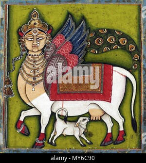 . English : 'La vache Kamadhenu, Wish-Granting faite au Rajasthan, Inde c. 1825-55 Artiste/artisan inconnu, l'Inde, Rajasthan, Jodhpur ou Nathadwara aquarelle opaque et pigments métalliques sur papier 5 x 5 pouces (12,7 x 12,7 cm) cette vision de la vache Kamadhenu, Wish-Granting, combine la vache zébu blanc avec le visage féminin frontal couronné, coloré "Eagle" des ailes et queue de paon de Buraq, l'animal que le prophète Mohammed rode au ciel dans son voyage nocturne (Miraj). Depuis au moins le xve siècle, le Persan tableaux Buraq avec un corps de cheval, des ailes, et visage de femme ; le paon tai Banque D'Images