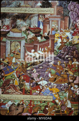 . Naggada chameaux Champaner . Un Akbarnamah folio illustré du 16e siècle représentant le siège de Mughal Champaner dans le Gujarat. Les deux chameaux sont probablement la double bosse race Bactriane et transportent des naggada fouets . 1590 et 1596 467 Sac d'une ville Banque D'Images