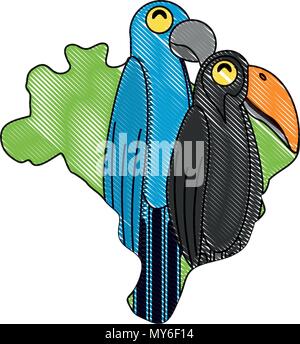 Brésil carte avec toucan et les oiseaux de l'ara sur fond blanc, vector illustration Illustration de Vecteur