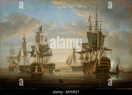 . Français : Le tableau représente les cinq vaisseaux ne fr:Horatio Nelson a été commandant ou qui lui ont servi de vaisseau-amiral. Au fond à gauche se trouve le HMS Agamemnon, devant lui le HMS Vanguard, et au premier plan à gauche le HMS Éléphant. Au fond à droite on peut voir le HMS Captain et au premier plan à droite se trouve le HMS Victory. 17 janvier 2013, 11:22:30. Nicholas Pocock 384 flagships de Nelson à l'ancre Banque D'Images