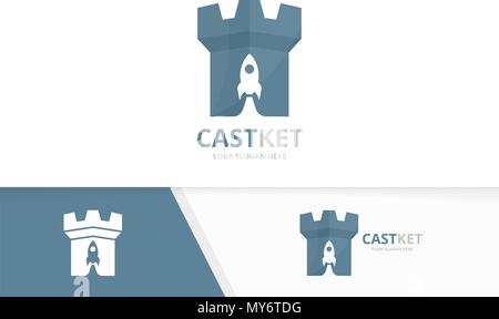 Château de vecteur et rocket combinaison logo. Tour et symbole de l'avion ou de l'icône. Forteresse unique et logotype de vol modèle. Illustration de Vecteur