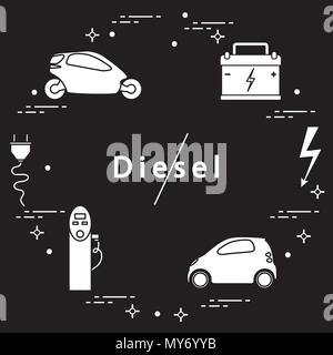 Interdiction des moteurs diesel. Le transport est respectueux de l'environnement. Voitures électriques, batterie, station de recharge, signe de sécurité électrique, câble, connecteur électrique Illustration de Vecteur