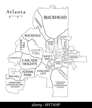 Plan de la ville moderne - Atlanta (Géorgie, ville de l'USA par les quartiers et les titres contour plan Illustration de Vecteur