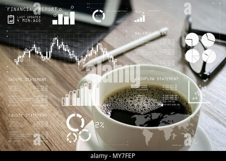 Les données du rapport financier de l'exploitation d'une entreprise (bilan et compte de résultat et le schéma) en tant que concept Fintech.tasse à café et table numérique sm dock Banque D'Images