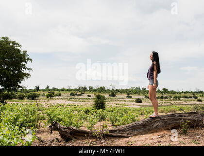 Young Woman looking out at Chobe National Park, Botswana, Africa Banque D'Images