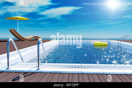 Piscine bleu jaune avec anneau vie flottant sur la surface de l'eau, plage chaise longue sur du parquet et d'une terrasse sur la mer pour les vacances d'été Banque D'Images