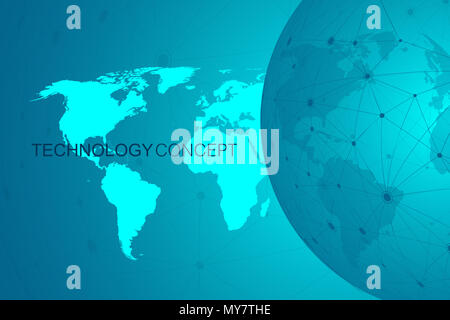 International Global blockchain avec carte du monde. L'avenir de l'espace planète moderne poly faible technologie de l'avenir moderne finances voyage design. Abstract polygona Banque D'Images