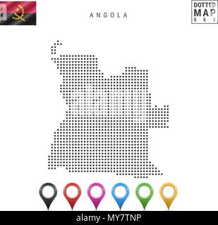 La carte à points vecteur de l'Angola. Silhouette simple de l'Angola. Le drapeau national de l'Angola. Ensemble de marqueurs carte multicolore Illustration de Vecteur