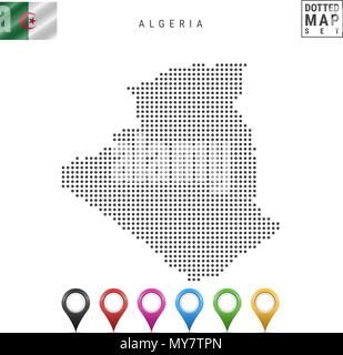 La carte à points vectoriels de l'Algérie. Silhouette simple de l'Algérie. Drapeau national de l'Algérie. Ensemble de marqueurs carte multicolore Illustration de Vecteur