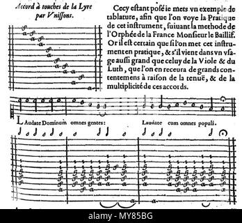 . English : Motet de Henry le Bailly en tablature de lyre (Paris, 1636). 24 août 2015. Henry Le Bailly, chanteur. 315 Le Bailly Lyre Banque D'Images