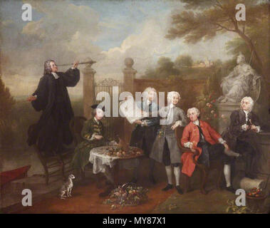 . Anglais : Huile sur toile. 101,6 cm x 127 cm. Groupe de six hommes dans un jardin. Un homme est debout sur une chaise à la recherche au moyen d'un télescope, un homme assis à une table, un homme debout tenant un document avec l'homme derrière lui pointant vers elle, un homme assis à deux chiffres au comité permanent, et une finale de l'homme est appuyé contre un mur. 1738. William Hogarth 520 l'Hervey morceau de conversation Banque D'Images