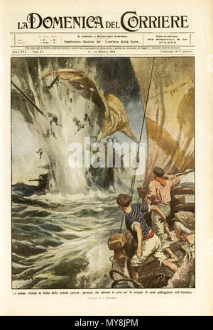 . Anglais : Scan de la première page de l'édition de la "La Domenica del Corriere", un magazine italien, avec un dessin d'Achille Beltrame représentant un navire de pêche italien détruit par les mines marines autrichien (mer Adriatique - 1914) Italiano : Scansione della Prima pagina della rivista "La Domenica del Corriere' dell'11 ottobre 1914 con una illustrazione di Achille Beltrame raffigurante una nave di pescatori italiani dalle distrutta navali austriache mine. 11 octobre 1914. Achille Beltrame (1871-1945) peintre et illustrateur italien Description qui a travaillé principalement pour La Domenica del Corriere Banque D'Images