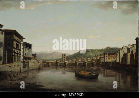 . English : Vue de Florence depuis la Ponte Vecchio à l'Arno jusqu'à la Ponte alle Grazie avec l'entrée de la Galerie des Offices à gauche signé 'W Marlow' (en bas à gauche) huile sur toile 26¼ x 39 1/8 in. (66,7 x 99,4 cm.) . 18e siècle. William Marlow Marlow 348 Vue de Florence Banque D'Images