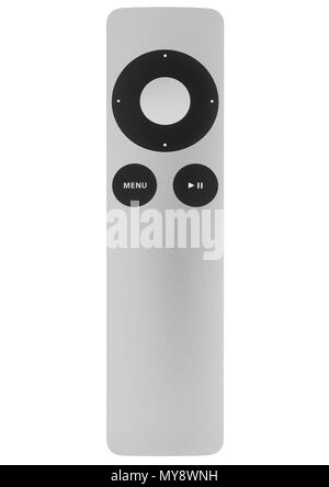 Apple TV remote control sur fond blanc Banque D'Images