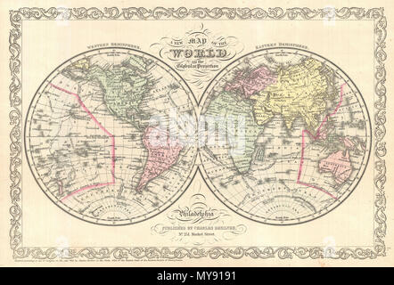 . Une nouvelle carte du monde sur la projection sphérique. Anglais : un bel exemple de la Desilver Charles 1856 hémisphère double carte du monde. Couvre l'ensemble du monde avec codage par couleur selon les continents. La carte montre les récentes découvertes dans l'Antarctique ainsi que les itinéraires de divers explorateurs éminents y compris Cook, Gore, et l'expédition d'exploration américaine. Cette carte Desilver a commencé à émettre en 1856 lorsqu'il a acquis ses droits d'auteur, S. A. Mitchell et plaques d'impression. Les modifications apportées par Desilver Mitchell's plaques sont largement limités à son ajout de la grille border vu ici. Toutefois, le plus s Banque D'Images