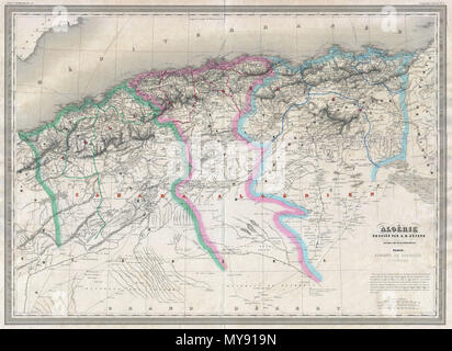 . Algerie. Anglais : Un très joli et monumentale proportionné 1857 Carte de l'Algérie par le cartographe français A. H. Dufour. L'Algérie est représenté divisé en districts administratifs d'Oran, Alger et Constantine. Affiche les routes, les rivières, les routes caravanières, villes, et topographiques. Détails également plusieurs itinéraires nautiques entre les différentes villes d'Algérie et l'Europe. Préparé par Dyonnet comme la planche no 37 En A. H. Dufour's 1857 délivré de l'éléphant impressionnant Atlas folio Universel . . 1857 (sans date) 7 1857 Carte Dufour de l'Algérie - Algérie - Geographicus-dufour-1857 Banque D'Images