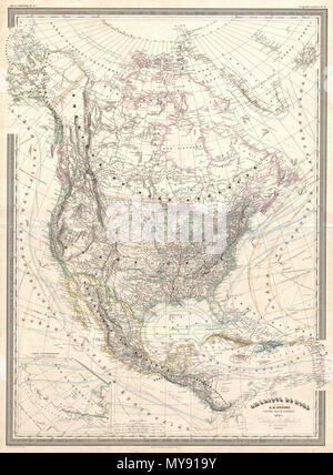 . Amerique du Nord. Anglais : un grand format finement détaillé 1857 Carte de l'Amérique du Nord sur la projection de Mercator par le cartographe français A. H. Dufour. Cette carte couvre l'ensemble du continent à partir de la calotte glaciaire de la partie nord de l'Amérique du Sud, y compris les Antilles, l'Amérique centrale, le Mexique, les États-Unis, le Canada et l'Alaska. En plus des données politiques et physiques de cette carte offre une grande richesse de l'information cartographique notamment itinéraires nautiques, les courants, les vents, les notes sur les explorateurs, certains détails au large des côtes, des commentaires sur les calottes polaires, les notes sur la végétation, un Banque D'Images