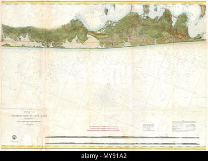 . Partie centrale de la côte sud de Long Island. Anglais : c'est un extraordinaire et très rare grand format couleur main 1857 U.S. Coast Survey sea chart ou carte illustrant le sud-est de Long Island, New York. Plus de détails partie de comté de Suffolk de Moriches Bay à Napeague port, y compris l'été des escapades de Sag Harbor, East Hampton, Southampton (South Hampton), Quogue, Bridgehampton et Amagansett, entre autres. S'étend au nord jusqu'à l'île de Gardiner et de porcs au cou. Les régions intérieures sont décrits en détail, jusqu'au niveau des bâtiments. En plus de détails à l'intérieur des terres, ce Banque D'Images