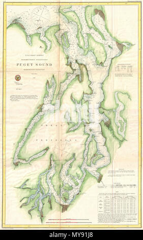 . Puget Sound le territoire de Washington. Anglais : c'est un très rare U.S. Coast Survey map maritime ou carte nautique de la Puget Sound, le territoire de Washington, datant de 1867. Couvre le son de Quimper Péninsule et l'île de Whidbey au sud jusqu'à l'Olympia. Le plan identifie les différentes îles ainsi qu'un coffre-fort satellite et d'innombrables points de triangulation dans l'ensemble. Olympia, Nisqually Steilacoom, et Seattle sont nommées, si, en plus d'Olympie, la plupart étaient peu développés. D'innombrables sondages de profondeur apparaissent tout au long de. Notes sur la lumière des sondages maisons, et les marées apparaissent dans le quadrant inférieur droit Banque D'Images