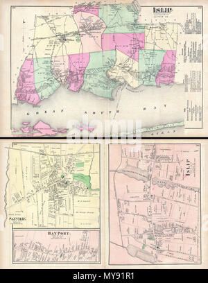 . Islip, Suffolk, Co. - Islip, Ville de Islip, Suffold Co. - Bay Port, ville de Islip, Suffold Co. - Sayville, Ville de Islip, Suffold Co. English : un rare exemple de Fredrick W. Beers' carte de l'Islip et Sayville, Long Island, New York. Publié en 1873. Islip caches latéraux de Babylone Cove et de l'Ouest vers l'est au-delà Islip Bay Shore, Islip, Point Jeunes, Oakdale, Greenville à Bayport et Sayville. Comprend les parties de l'île Oak et Fire Island. Notes de renvoi à la droite de la carte bon offre des avis importants. Sur le verso, la feuille est divisée en trois plans de ville. Il s'agit notamment de Islip, Sayville et Ba Banque D'Images