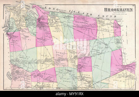 . Partie de Brookhaven, Suffolk Figure 8 Co. L.I. Anglais : un rare exemple de Fredrick W. Beers' carte de la partie nord de Brookhaven, Long Island, New York. Publié en 1873. Couvre environ de Smithtown Bay et grues cou vers l'Est jusqu'à Manorville et marcher dans l'eau. Montre le Smithtown et Jefferson Railroad ainsi que les extensions proposées de la Long Island Railroad la position vers l'Est. Plus d'immeubles particuliers et propriétés avec détenteurs de la terre. C'est probablement la plus belle carte du nord atlas Isabelle Court, Long Island, pour apparaître dans le 19e siècle. Préparé par des bières, Banque D'Images