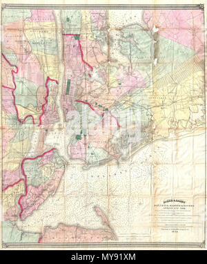 . Asher & Adams' site des baies, des ports et des rivières autour de New York : montrant la carte, sondages, phares, bouées & c. et l'ensemble de la topographie du pays environnant : y compris Hempstead, Sandy-Hook, South-Amboy, Neward, Yonkers, N. Rochelle & Glenn Cove. Anglais : un univers visuel époustouflant et extrêmement rare 1874 Carte de poche de la grande région de la ville de New York de manière innovante combinant levés de terrain détaillées avec les travaux de l'Enquête sur les côtes des États-Unis. Couvre la région de la ville de New York de Sandy Hook et Monmouth County north à : Staten Island, Manhattan, Newark et Yonkers. Eastwar s'étend Banque D'Images