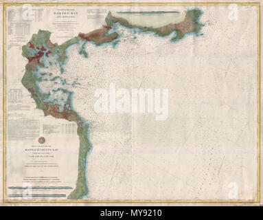 . La carte no 109, côte de la baie de Boston et d'approches. - Les cartes de la côte 109 et 110, Massachusetts Bay avec la côte de Cape Ann à Cape Cod. Anglais : rare carte marine 1877 de Boston Bay, le port de Boston et ses environs. Couvre la côte du Massachusetts à partir de Cape Ann passé vers le sud de Gloucester, de Marblehead, Lynn, Boston et à Cohasset Harbor Green River. Détail de l'intérieur étonnant offre notant des bâtiments individuels, les routes, les collectivités, les champs, et les petits cours d'eau. Il y a trois shore profile views : Entrée Boston, Minot's Ledge, et Cape Ann. En plus de détails à l'intérieur des terres, ce tableau contient un Banque D'Images