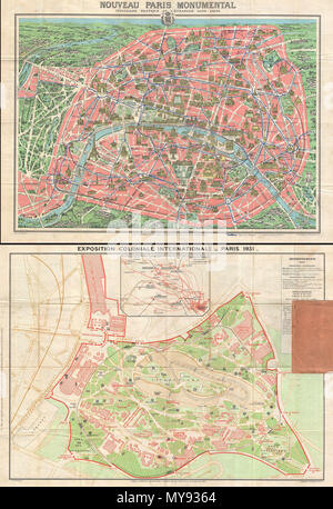 . Nouveau Paris monumental pratique l'itineraire de l'Etranger dans Paris. Exposition coloniale Internationale Paris 1931. Anglais : c'est une attraction très touristique 1931 Carte de poche de Paris, France. Couvre la vieille ville fortifiée de Paris et les environs immédiats. Dessiné dans un style art déco aux bâtiments importants sont représentée de profil, y compris la Tour Eiffel, l'Arc de Triomphe, Sacré-Cœur, le Panthéon, et d'autres. Montre à la fois le train et métro lignes de la ville. Cette carte a été publiée dans diverses éditions de 1900 à 1937, environ. Cet exemple est exceptionnel en ce qu'i Banque D'Images