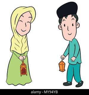 Enfants musulmans avec lanternes design dessin animé Eid, jolie jeune fille musulmane et garçon tenir Ramadan Lantern - Vector Illustration Illustration de Vecteur