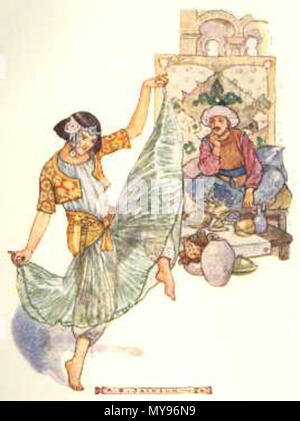 . Anglais : Arabian Nights Images - A. E. Jackson The Arabian Nights, avec 24 planches en couleurs par A. E. Jackson, a été publié par Ward, Lock& Co. Limited, Londres, dans le cadre de la série "soleil" de livres pour enfants. Pas de date, je pouvez trouver sur celui-ci, mais il existe une autre version de l'ouvrage du même auteur avec 48 planches en couleur par le même artiste, datée du 1920, donc la mienne est probablement de la même période. Bien que les images sont assez frais, je ne me sens pas obligé d'obtenir la version du 48-plate parce que celui que j'ai comprend déjà notre ami Morgiana (à droite), sous-titrée "orgiana dansé avec Banque D'Images