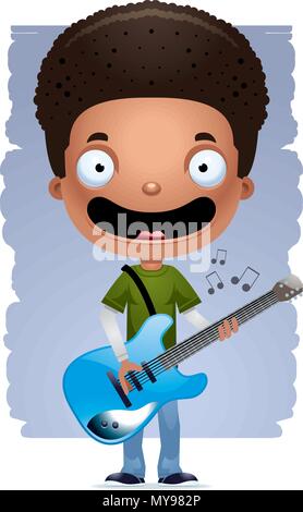 Illustration d'une caricature d'un jeune garçon jouant une guitare électrique. Illustration de Vecteur