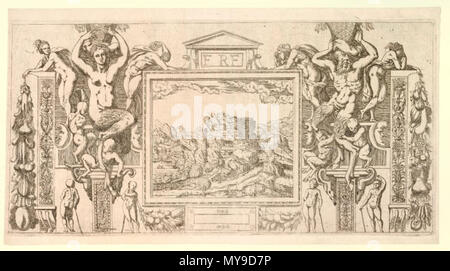 . Anglais : imprimer par Antonio Fantuzzi, British Museum a cartouche avec les satyres, hommes et femmes portant des paniers d'accompagnement et un paysage rocheux. 1543 Gravure par : Antonio Fantuzzi Après : Rosso Fiorentino biographie . Années 1540. Antonio Fantuzzi active (années 1540) 43 fantuzzi Ant1 Banque D'Images