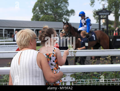 Les amateurs de course regarder les chevaux dans la parade à Uttoxeter Racecourse. Banque D'Images