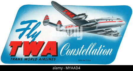 Vintage assurance étiquette pour TWA, doté d''un Lockheed Constellation. Banque D'Images