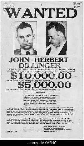 Federal Bureau of Investigation (FBI) Avis de recherche de John Dillinger Juin 25,1934 Banque D'Images