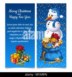 Carte verticale double avec bonhomme de neige avec des sacs cadeaux. Esquisse pour carte de vœux, ou l'affiche de la fête, invitations de partie avec de l'espace pour votre texte. Les attributs de Noël et Nouvel an. Vector illustration Illustration de Vecteur