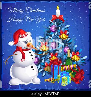 Carte de Noël modèle. Bonhomme de neige près de arbre de Noël avec des cadeaux. Vector illustration. Illustration de Vecteur