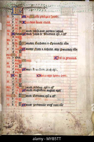 . Folio 5 recto d'un livre d'heures, le calendrier pour le mois de mai. C'est une grande et remarquable livre d'heures richement illuminé, combinant les styles français et anglais. La première feuille contient une liste de des nécrologies des membres de la famille royale et de la 4e, 5e et 6e Comtes d'Ormond et leurs femmes, de sorte qu'il a probablement été fait pour Anne Boleyn, le grand-père de Thomas Butler (1426-1515), 7e comte d'Ormond, ou un membre de sa famille. Il a été donné au début du 16ème siècle à une chapelle à uthwyke «', probablement Southwick dans le Hampshire. La dernière entrée en rouge sur cette page est la "Obitus regis Henrici sexti', la mort Banque D'Images