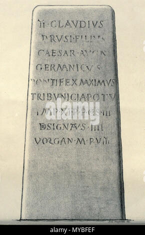 . English : Conférence de E. Desjardin de-815-14 du Kerscao, conservé au musée départemental breton de Quimper. Cf. CIL XVII2, 00411  = CIL 13, 09016  = 00478 ILTG ACG-29, p  = 227  = AE 1956,  +00001  = AE 1957,  +00211 : Ti(berius) Claudius / Drusi Filius / Août César(US) / Abbaye aux Dames / pontifex maximus tribunicia / pot(domaine) V / imp(erator) XI co(n)s(ul) III //desi gnatus IIII / Vorgan(io) mi(lia) p(assuum) VI. La borne se trouvait initialement à Kernilis (Finistère) . 19 mars 2012. Robert Mowat, 1874 82 La charge de Kerscao-815-14 (1874) Banque D'Images