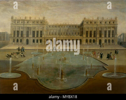 . Deutsch : Ansicht des Schlosses Versailles um 1675, vor dem Bau der Spiegelgalerie English : Vue du château de Versailles sur le parterre d'eau vers 1675, avant la construction de la Galerie des Glaces . vers 1675. Anonyme, école française 108 Château de Versailles 1675 Banque D'Images