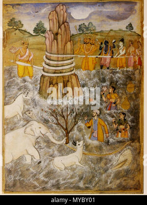 . Les Dieux et les asuras battre l'océan de lait, page d'un Razmnama dispersés, c.1598-99 . Razmnama est une traduction abrégée de la Mahabharata écrit en persan sur l'ordre de l'empereur moghol Akbar et date d'environ 1598-1999. Le livre original n'est plus disponible dans les pages de l'original Razmnama sont dispersés dans le monde entier . circa 1598-99 (16ème. Fattu (16ème siècle) (attr. à) 112 barattage de l'océan - Propellerhead ajoute Banque D'Images