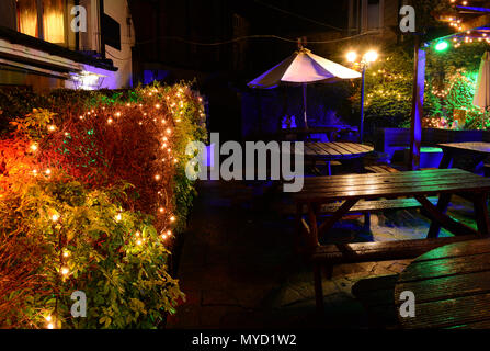 Le jardin illuminé au Village Inn, vieux village de Shanklin, sur l'île de Wight, ressemble enchanteresse la nuit après la pluie. Banque D'Images