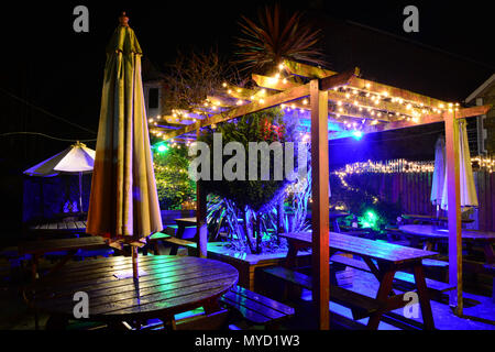 Le jardin illuminé au Village Inn, vieux village de Shanklin, sur l'île de Wight, ressemble enchanteresse la nuit après la pluie. Banque D'Images