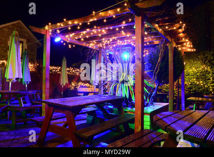 Le jardin illuminé au Village Inn, vieux village de Shanklin, sur l'île de Wight, ressemble enchanteresse la nuit après la pluie. Banque D'Images