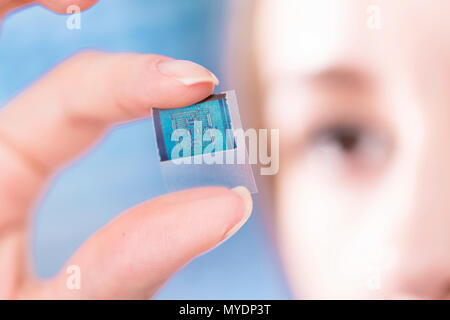 L'examen de technicien en laboratoire de micro-électronique de microchip. Banque D'Images