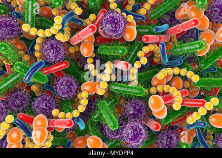 Illustration conceptuelle du microbiome humain les microbes. Le microbiome est la collection de microbes trouvés sur et dans le corps humain. Certains des microbes aident à nous garder en santé et il peut être possible de transférer ces bons microbes (probiotiques) d'un donneur à un patient pour traiter une maladie. Banque D'Images