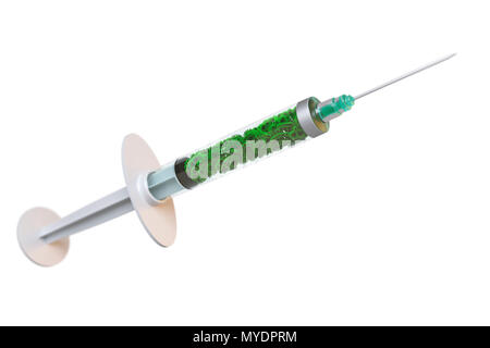 Illustration conceptuelle du microbiome humain à l'intérieur de microbes d'une seringue. Le microbiome est la collection de microbes trouvés sur et dans le corps humain. Certains des microbes aident à nous garder en santé et il peut être possible de transférer ces bons microbes (probiotiques) d'un donneur à un patient pour traiter une maladie. Banque D'Images