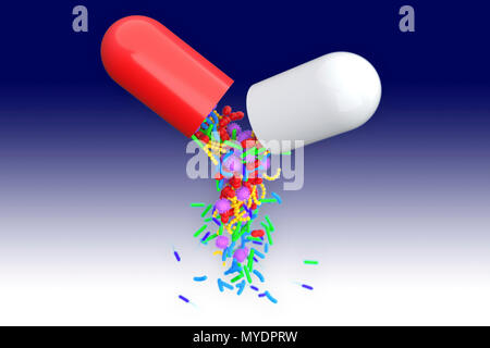 Illustration conceptuelle du microbiome humain à l'intérieur d'un micro capsule. Le microbiome est la collection de microbes trouvés sur et dans le corps humain. Certains des microbes aident à nous garder en santé et il peut être possible de transférer ces bons microbes (probiotiques) d'un donneur à un patient pour traiter une maladie. Banque D'Images